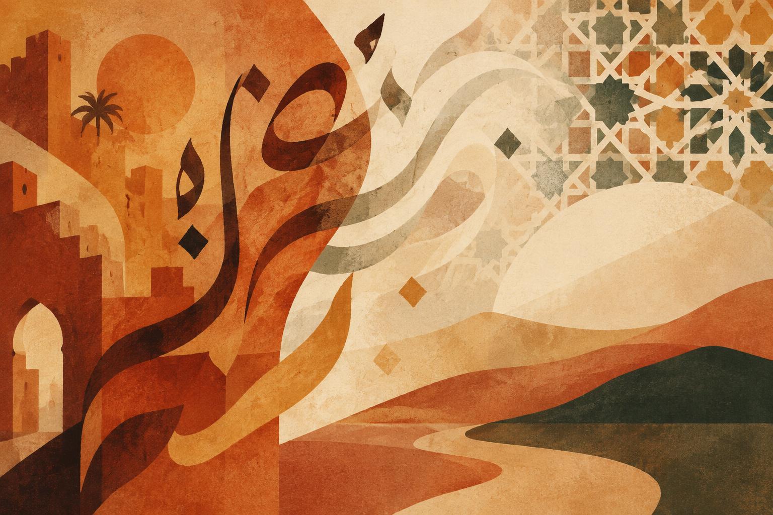 Calligraphie arabe maghrébine se transformant en écriture latine